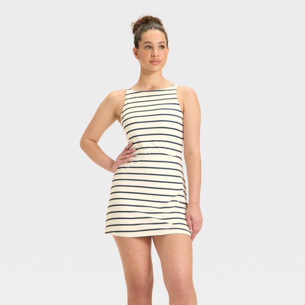 Women's Knit High Neck Active Dress - All In Motion Navy Blue Stripe S